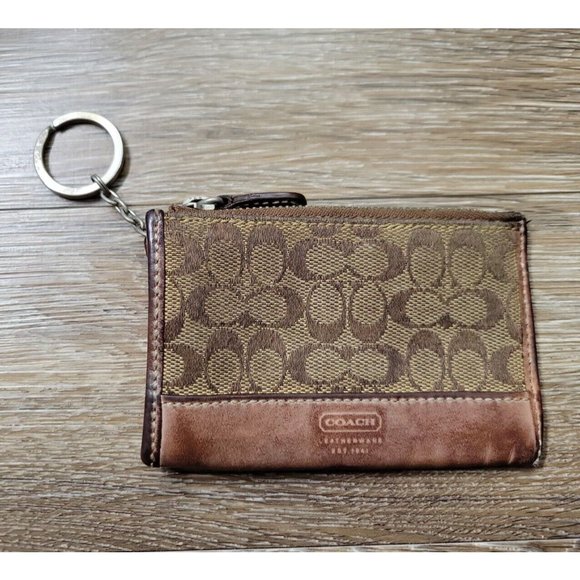 Coach Brown Signature Canvas Leather Trim Women Card Holder Wallet Keyring Zip - Picture 1 of 9